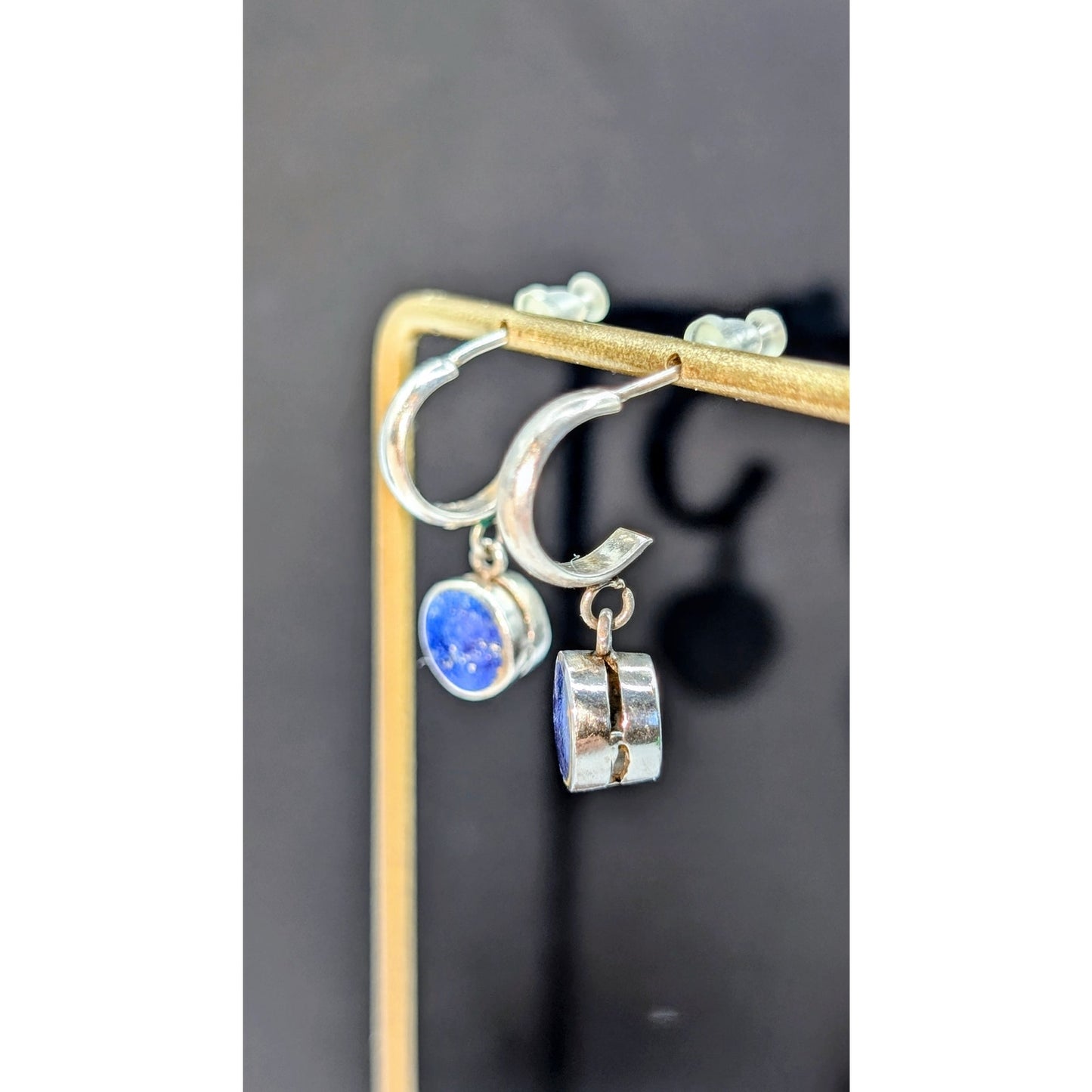 Vintage 925 Sterling Silver Lapis Lazuli Dangle Half Hoop Post Earrings