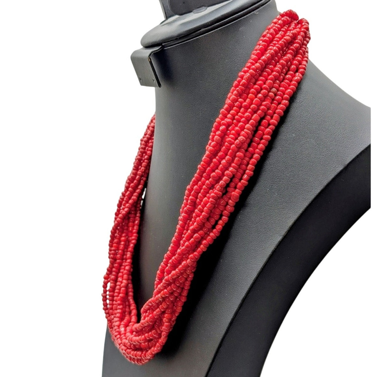 Vintage Tribal Multi-Strand Red Glass Bead Torsade Button Clasp 26" Necklace