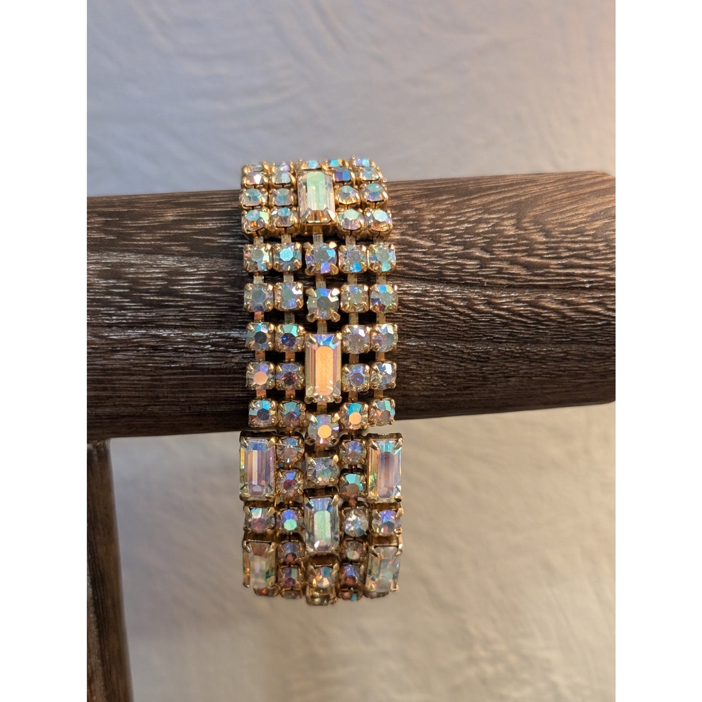 Vintage 1960s Unsigned Aurora Borealis Crystal Gold Tone Wide Bracelet W/ Safety