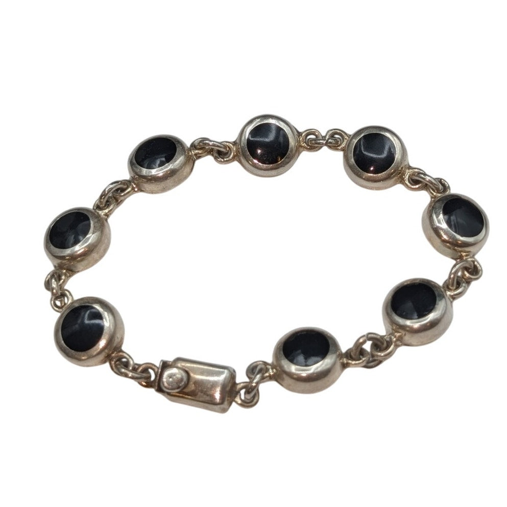 925 Sterling Silver Mexico Black Onyx Box Clasp Vintage Bracelet