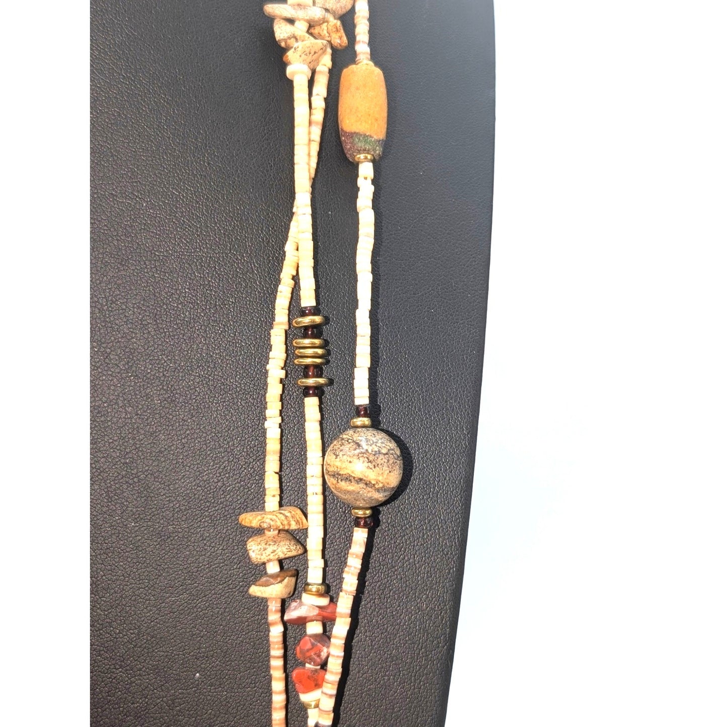 Vintage Three Strand Tiny Heishi Shell Bead Jasper Stone Station Long Necklace