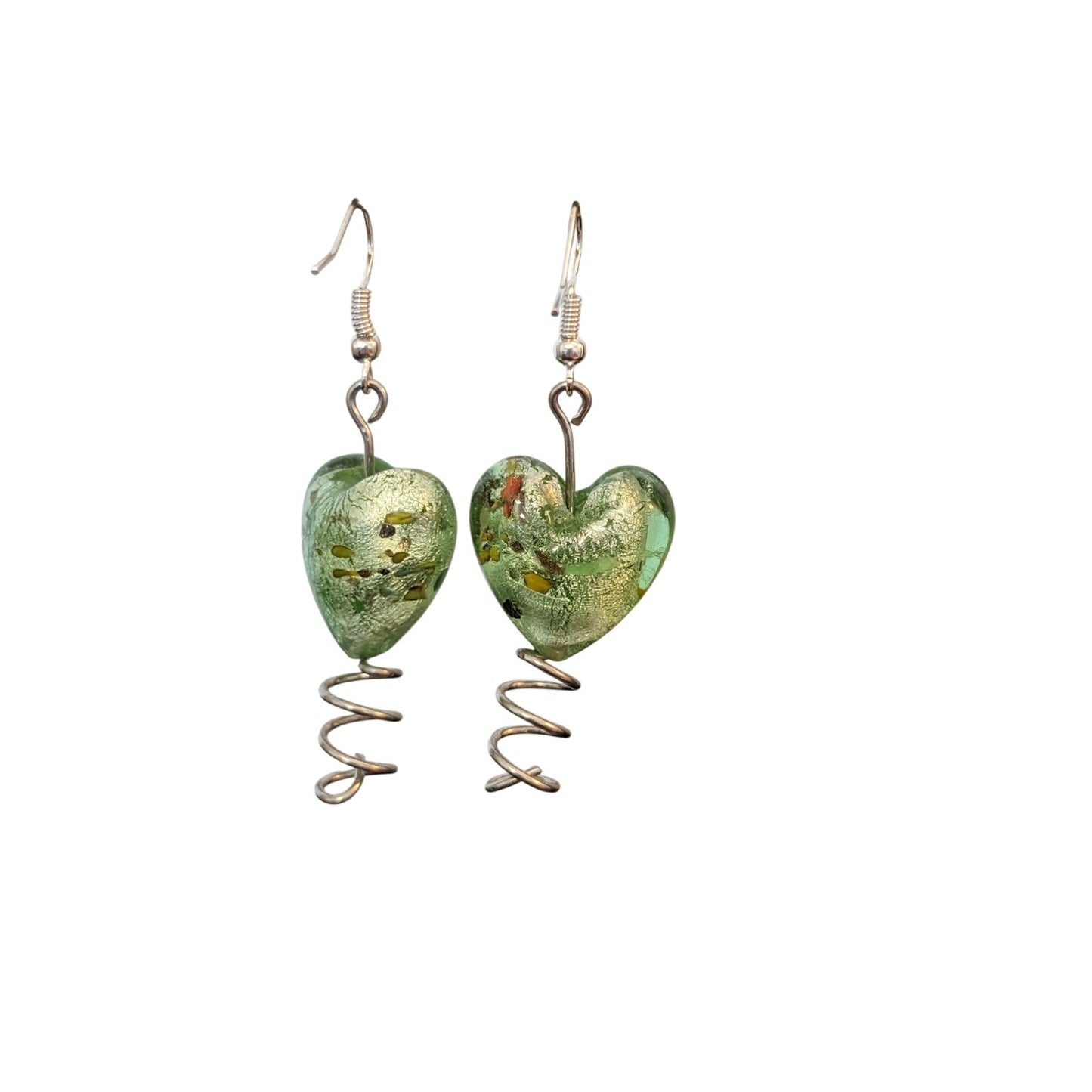 Green Foil Glass Gold Flecked Heart Bead Dangle Earrings