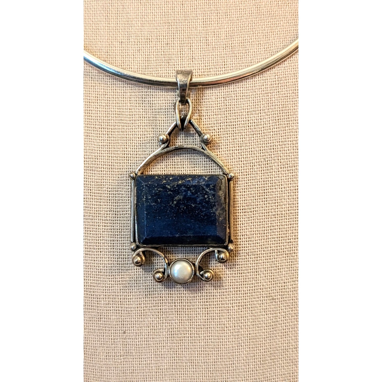 Chunky Lapis Lazuli Pearl Pendant on Mexican Sterling Silver Hook Clasp Collar