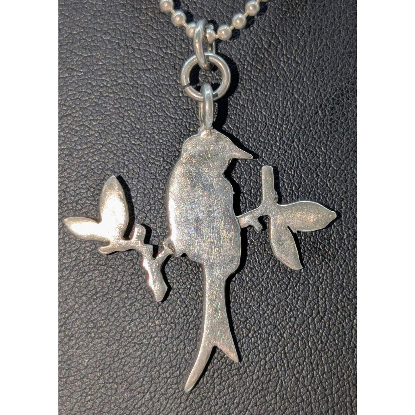 Vtg 925 Sterling Silver Bird on Branch Pendant Bead Ball Chain 17.5" Necklace