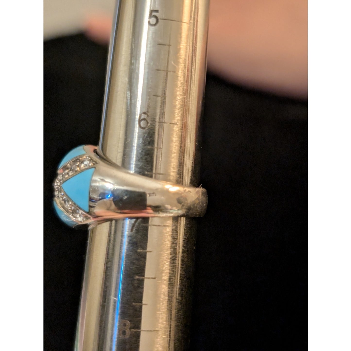 Turquoise Enamel & Pave Set Criss Cross CZ Sterling Silver Domed Ring Size 6.75