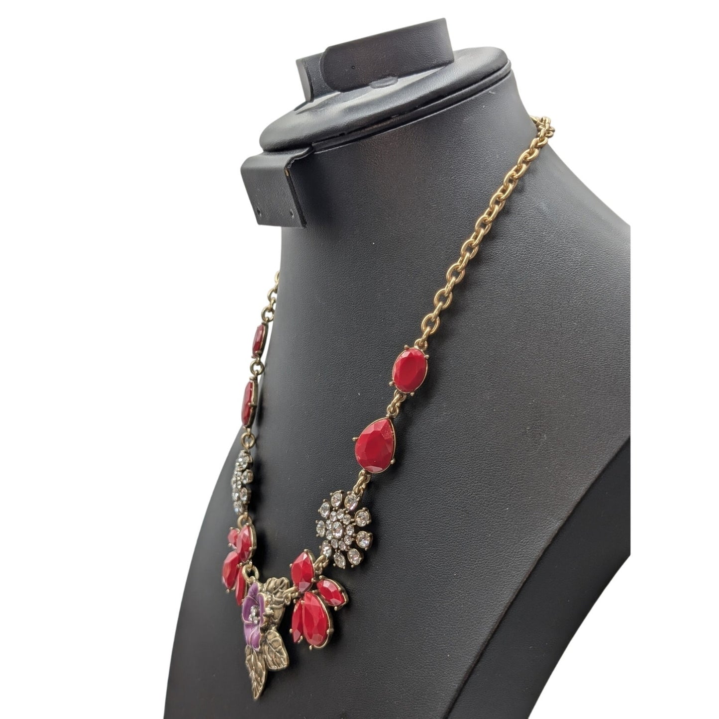 The Delta Box Red Bead Rhinestone Purple Enamel Flower Statement Necklace