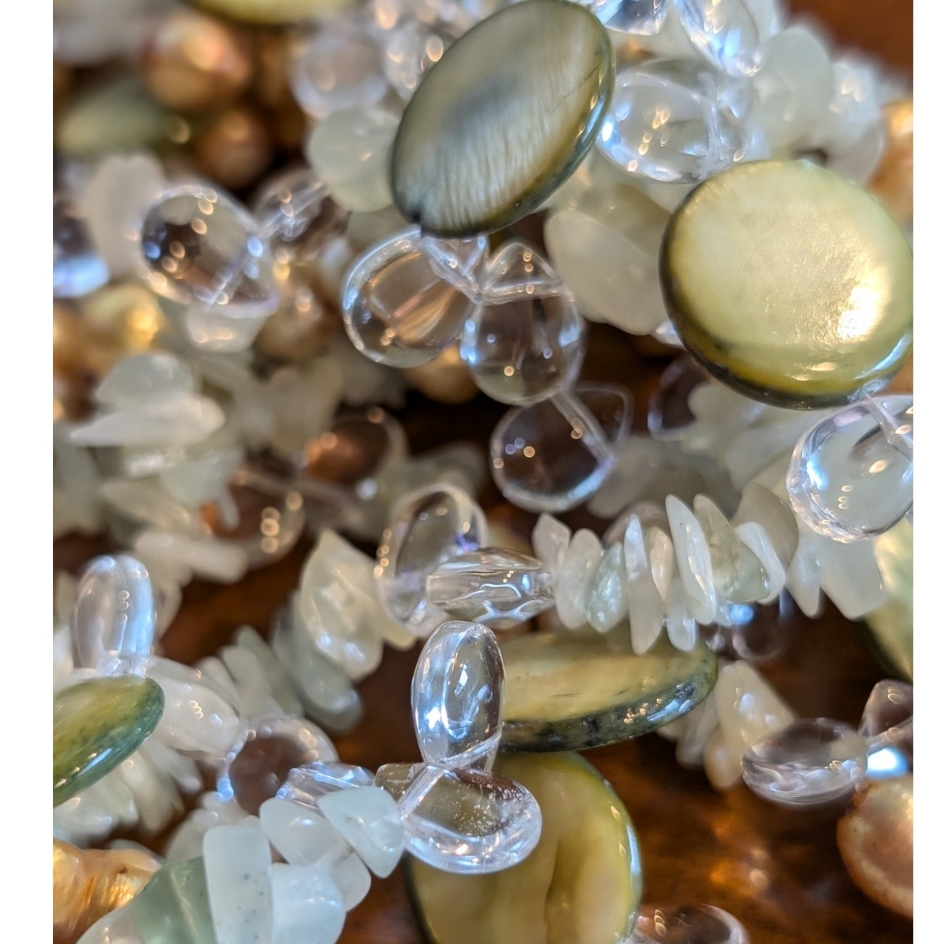58" Long Green Coin Shell Stone Chip Gold Pearl Glass Teardrop Lariat Necklace