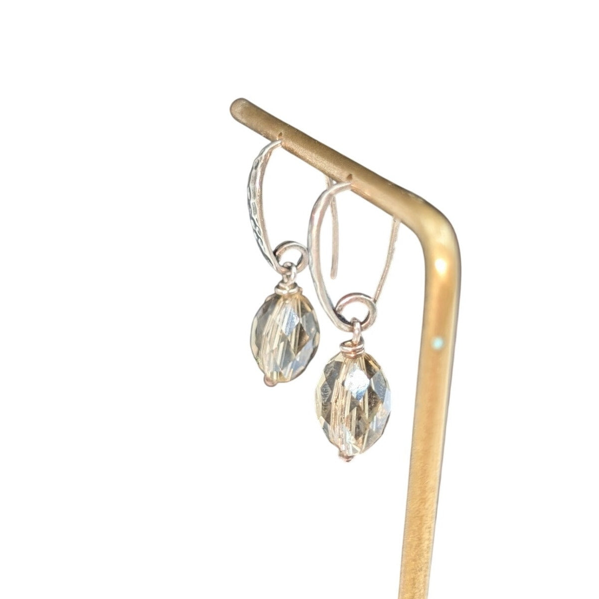 VTG Hammered 925 Sterling Silver Champagne Faceted Glass Bead Dangle Earrings