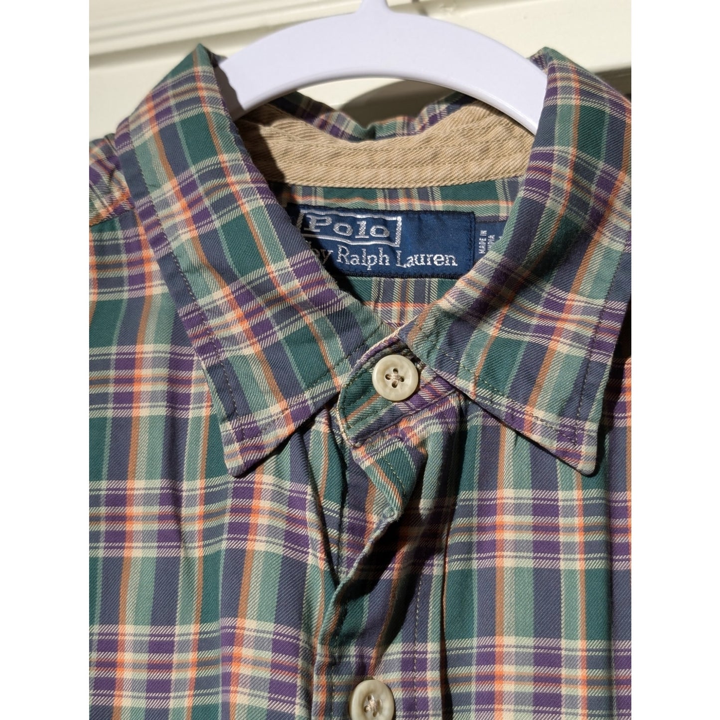 VTG Polo by Ralph Lauren Oversized Green Purple Plaid Elbow Patch Button Up Sz M