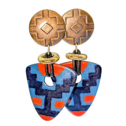 VTG Aztec Southwestern Enamel Bronze & Gold Tone Metal Dangle Pierced Earrings
