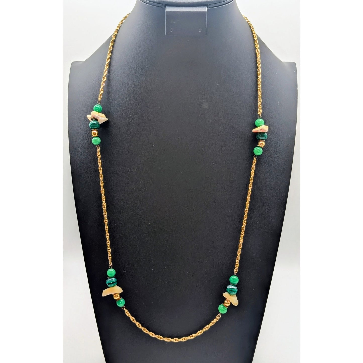 VTG Gold Tone Malachite Beaded Mother of Pearl Chip Station Chain 32" Necklace