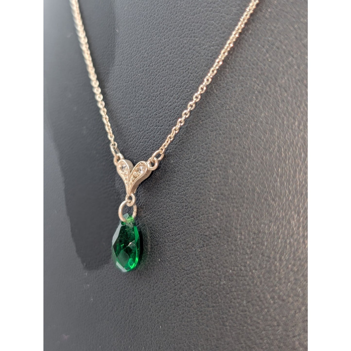 925 Sterling Silver Green Crystal Teardrop CZ 'Y Drop' Pendant 19" Necklace