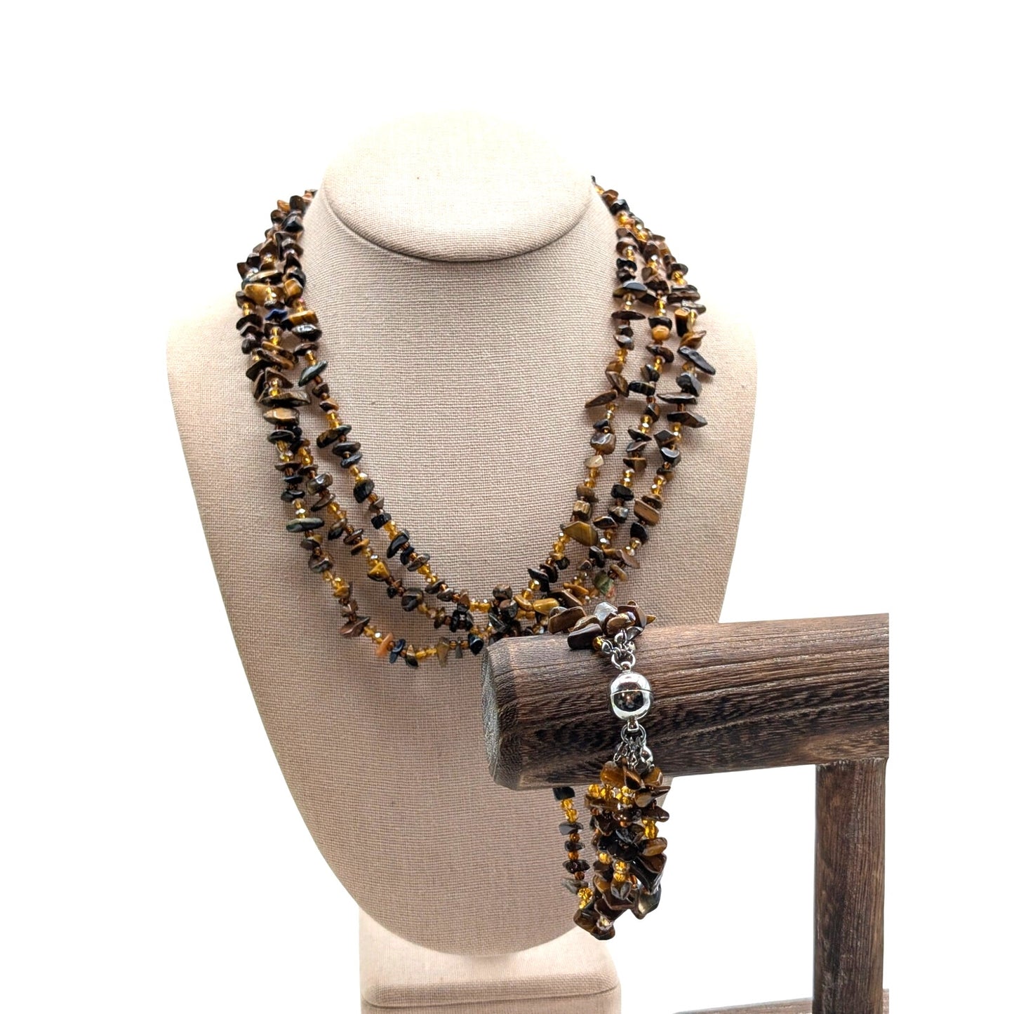 Triple Strand Tiger's Eye & Brown Chip Bead Magnetic Clasp Necklace & Bracelet