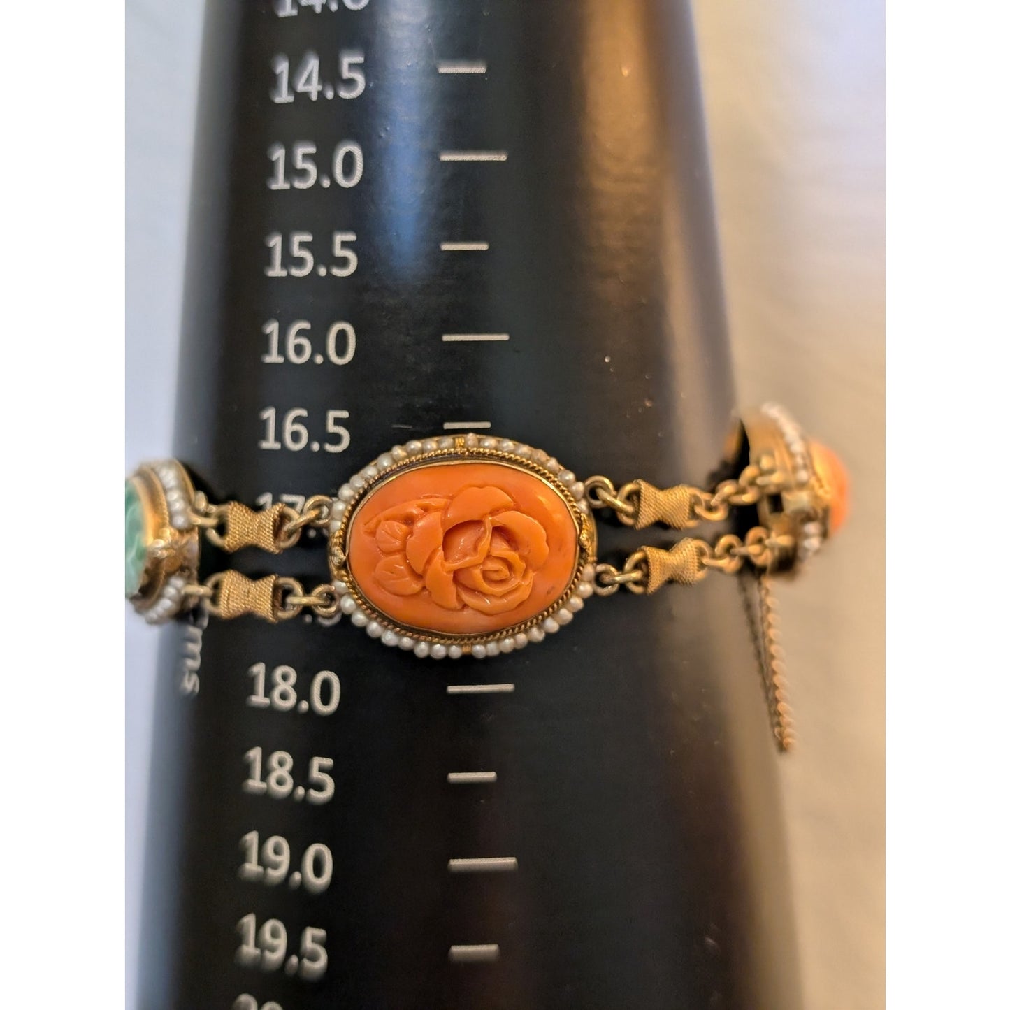 Antique Carved Green Jade Coral & Seed Pearl 14k Yellow Gold Bracelet
