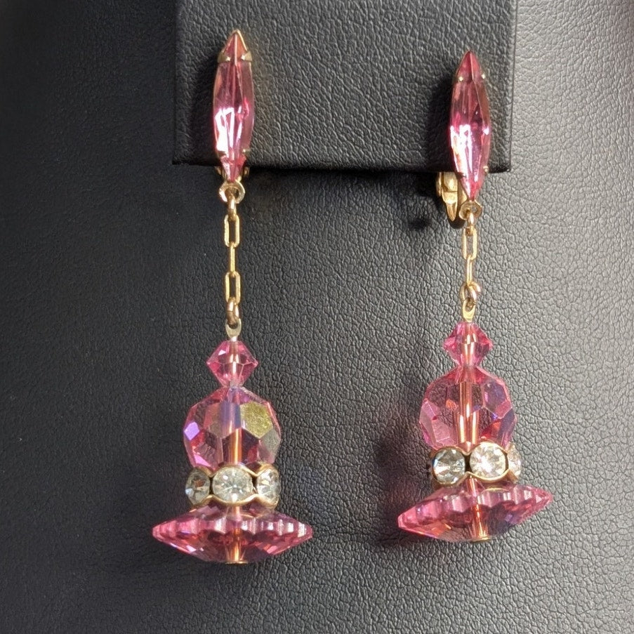 Vintage Pink AB Faceted Crystal Rhinestone Gold Tone Dangle Ear Clips