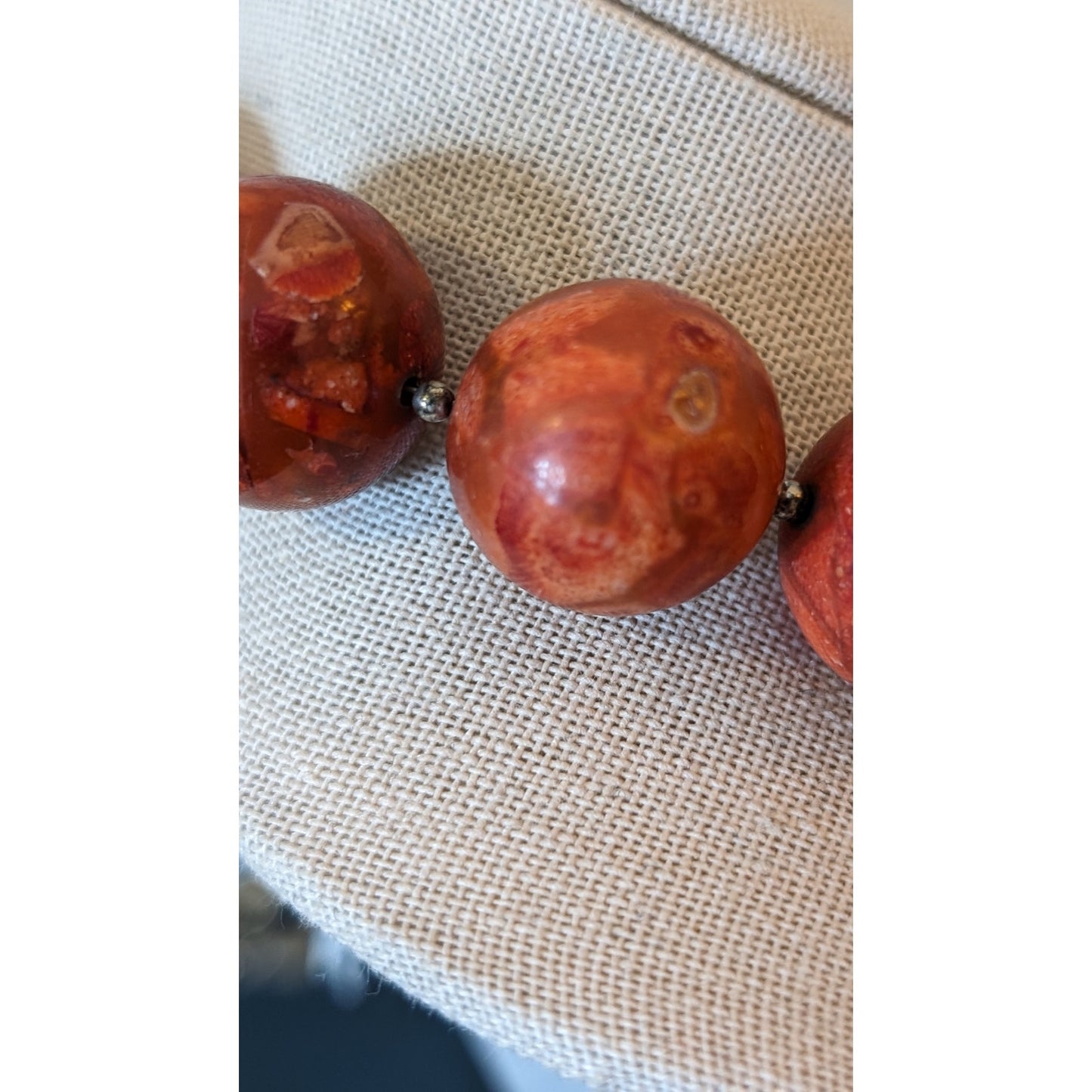 Genuine Coral Marbled Red 20 Bead Statement Necklace w/ Sterling Toggle Clasp