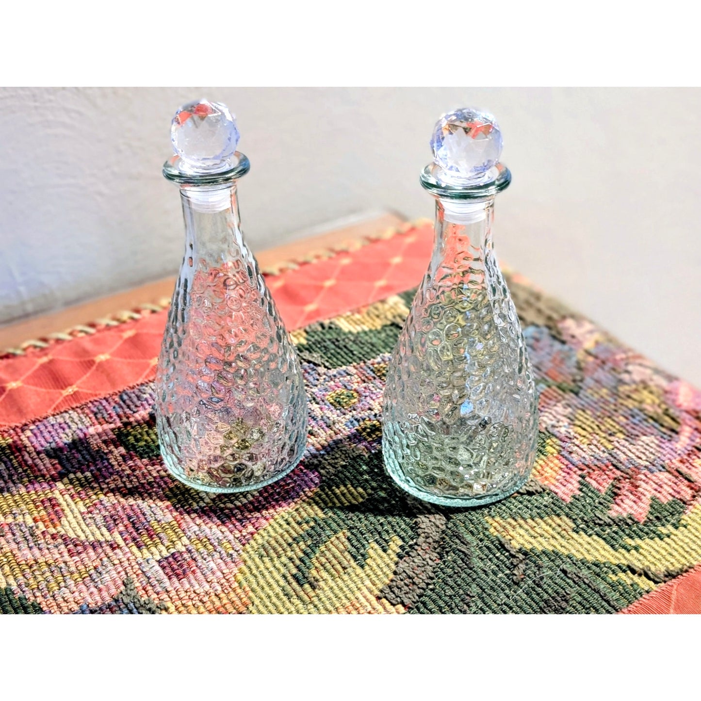 Set of Two Decorative Hammered Glass Bottles W/ Glass Stoppers