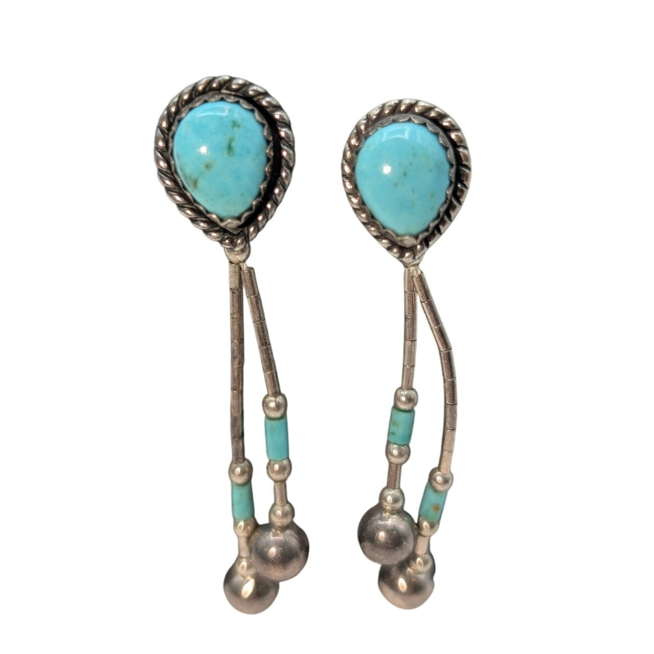Navajo Native American Indian Sterling Silver Turquoise Dangle Pierced Earrings