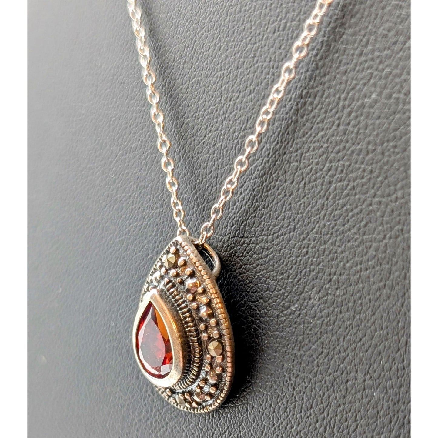 925 Sterling Bezel Set Red Faceted Crystal Teardrop Marcasite Surround Necklace