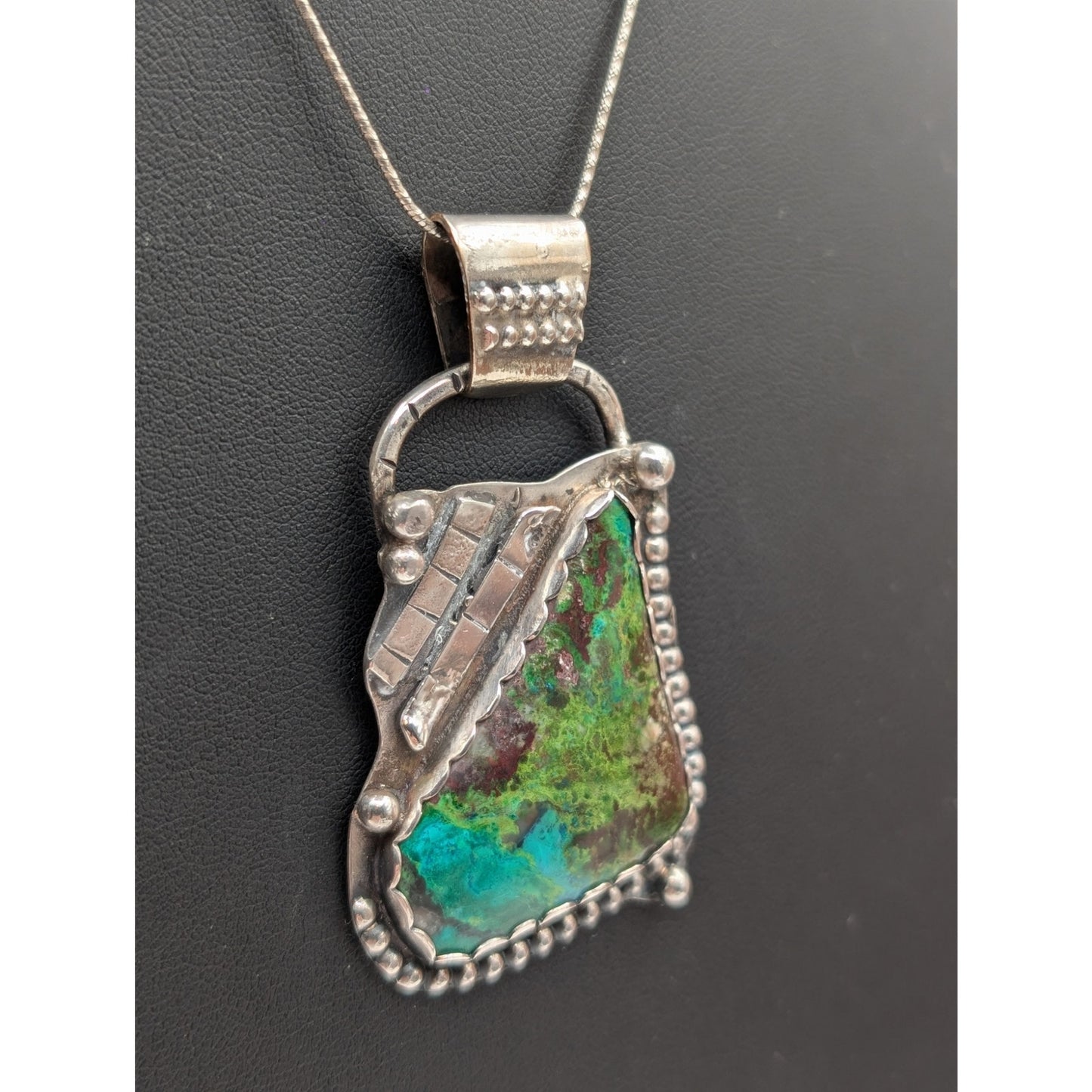 Vtg Artisan Handmade 'BT Sterling' Blue Green Stone Pendant Necklace 27.0g