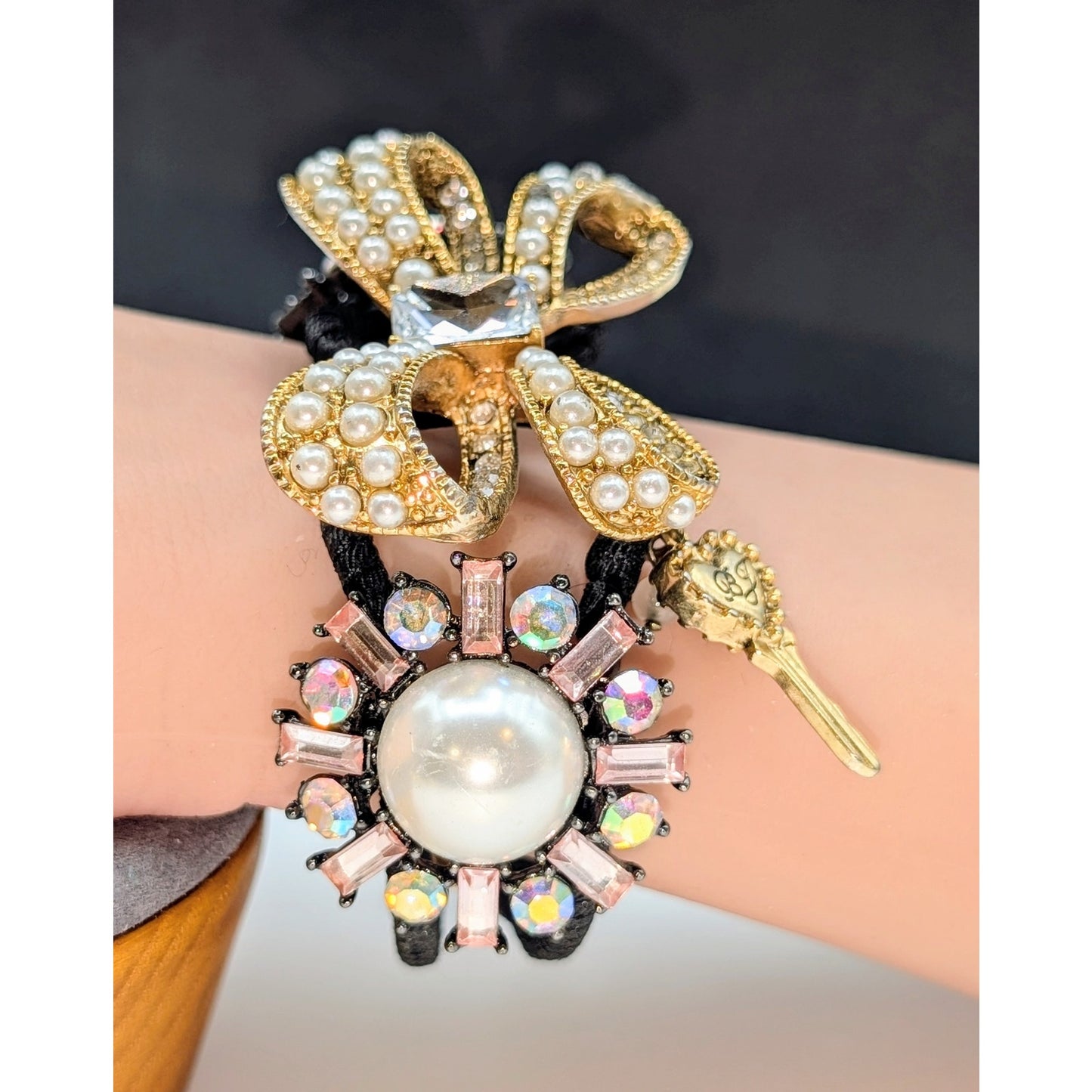 Betsey Johnson Faux Pearl Rhinestone Embellished Bow Hinged Cuff Bracelet