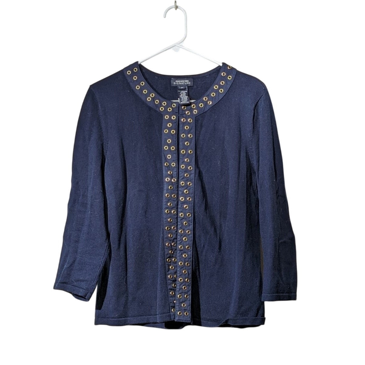 Jones New York Signature Vintage Navy Grommet Placket Cardigan Womens Sz XL