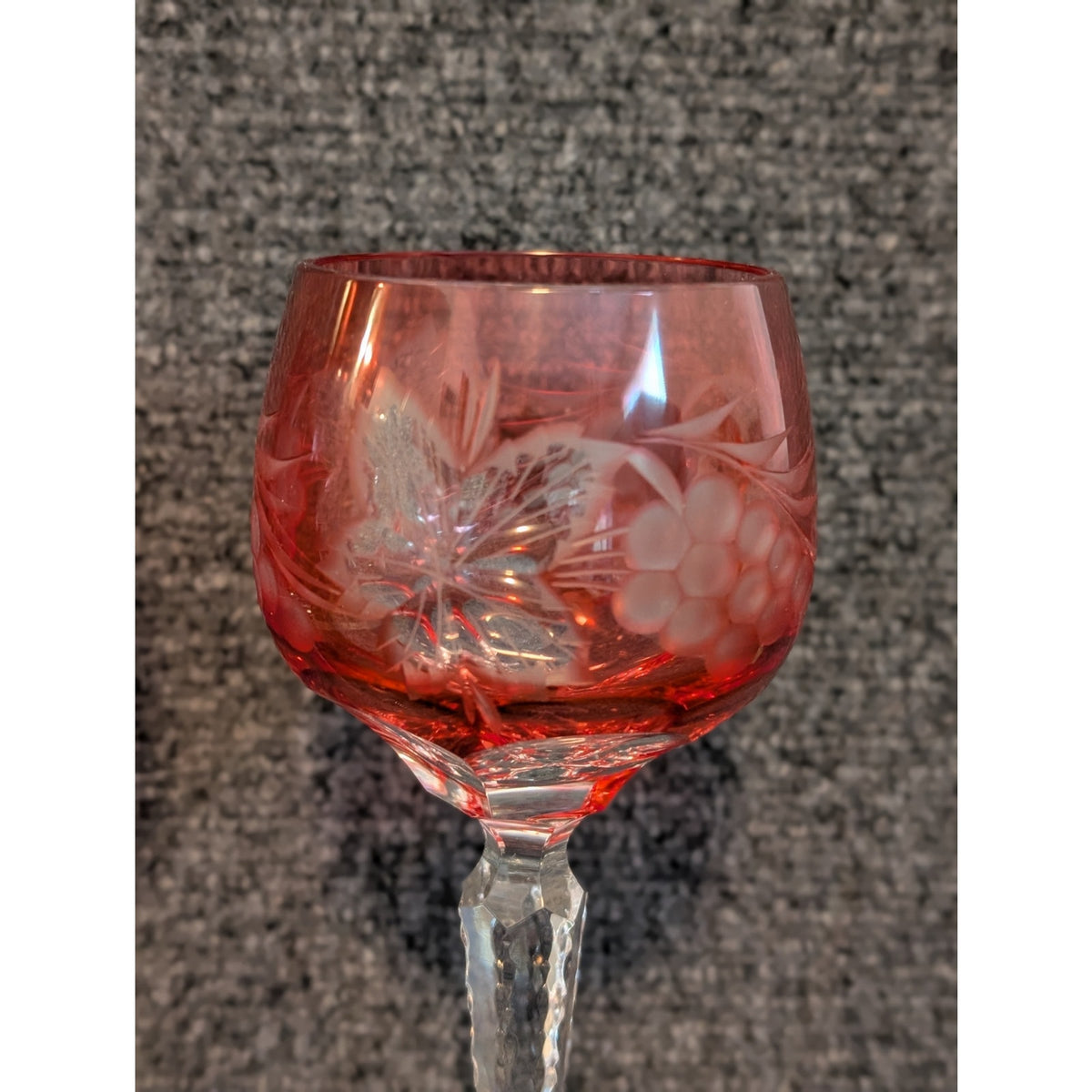 Vtg Two Czech Bohemian Red Cut to Clear Crystal Grapes Design Wine Stem Goblets