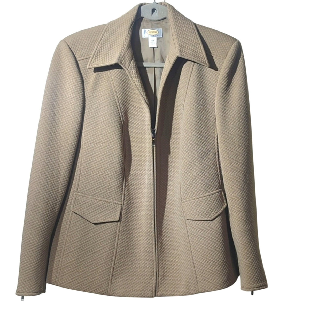 Vtg Talbots Tan Quilted Faux Pocket Half Zip Lined Jacket w/ Zip Cuffs Sz 12W