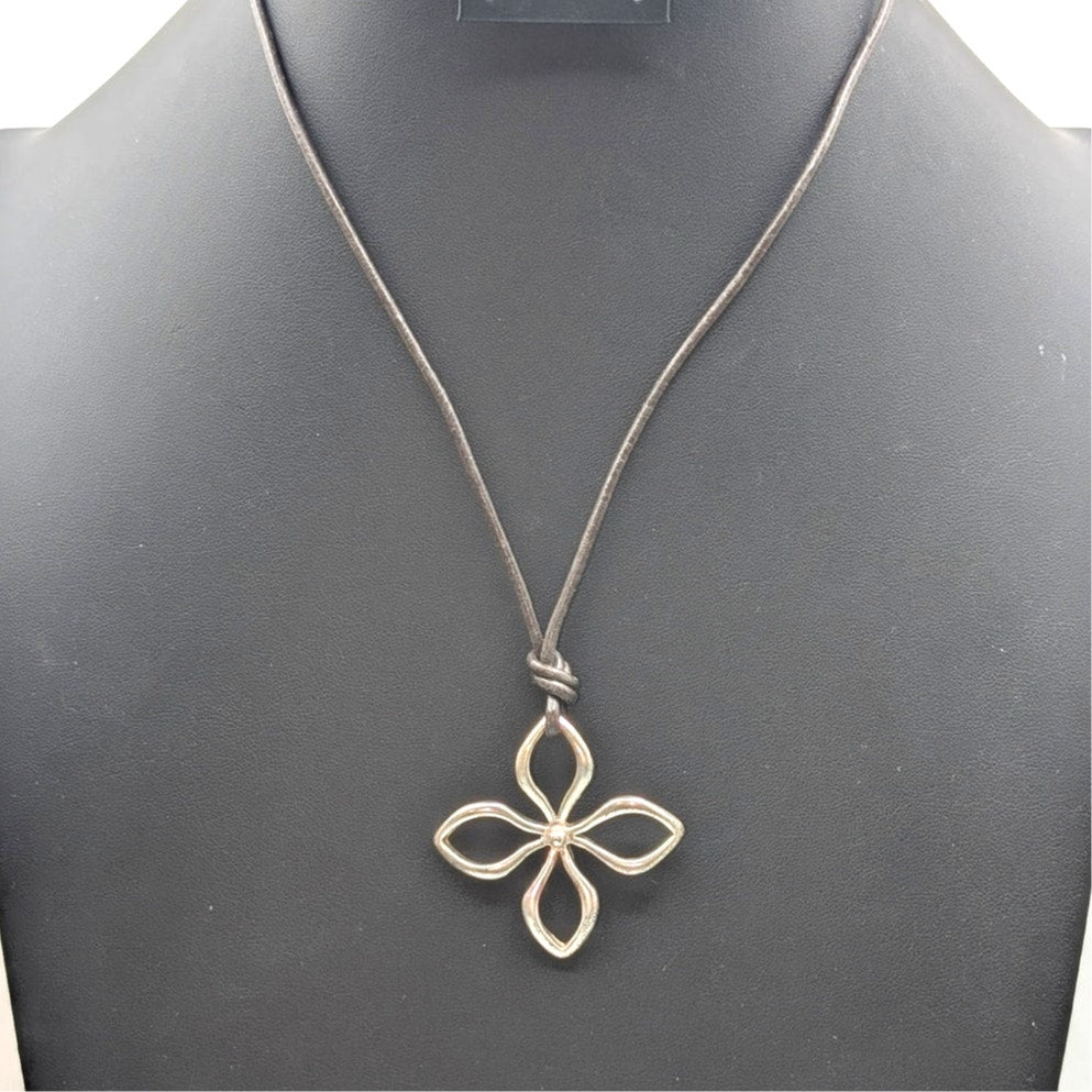 Fossil Silver Plated Flower Pendant Black Corded 18"-20" Necklace
