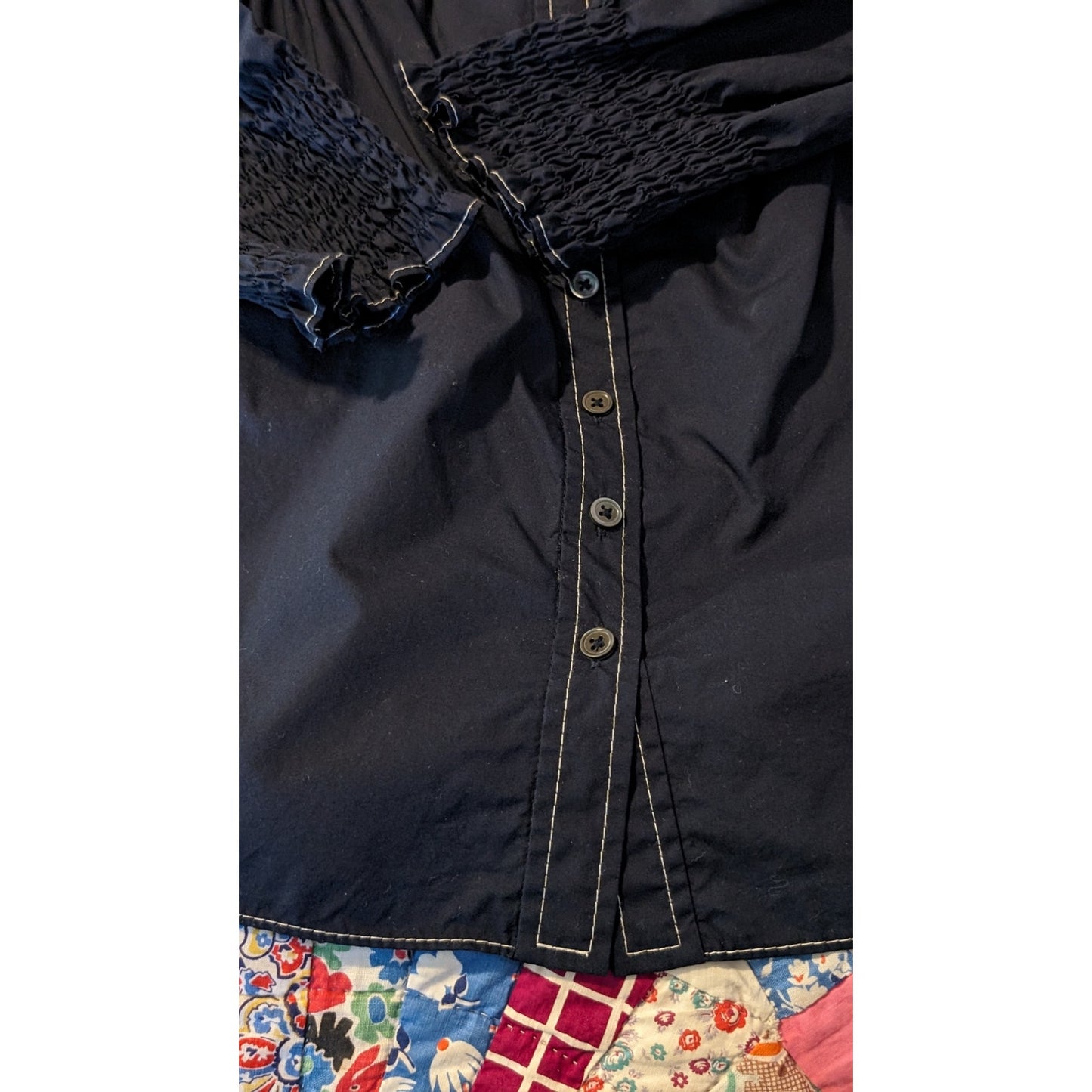 Rebecca Taylor Navy Blue Button Front Smocked Off Shoulder Cotton Blouse Sz 10