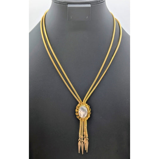 Vtg Yellow Gold Plated Double Snake Chain MOP Glass Tassel 17"-20.5" Necklace