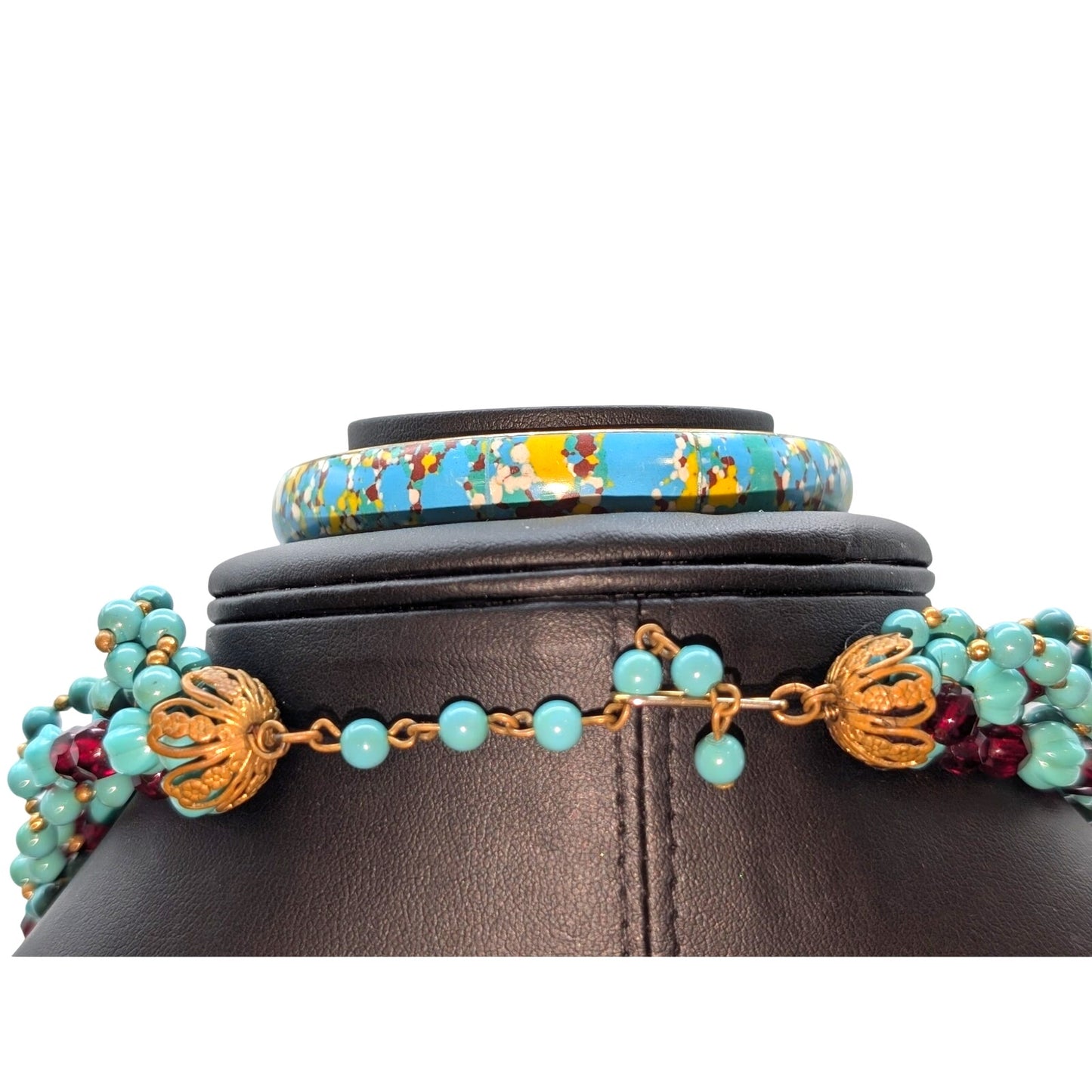Vintage Faux Turquoise Carved & Red Crystal Torsade Hook Clasp Necklace