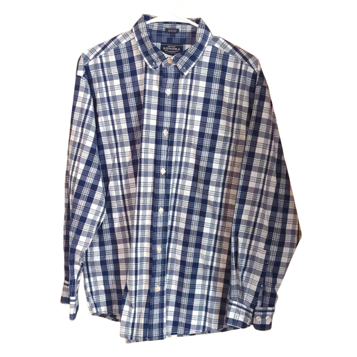 Sonoma Vintage Plaid 100% Cotton Navy Plaid Button Down Shirt Men's Size M
