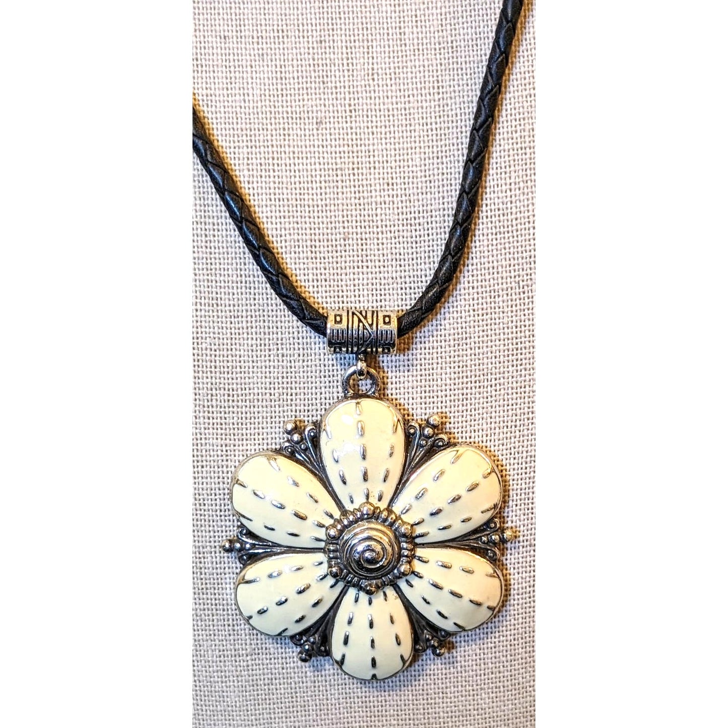 BRIGHTON Retired Rare Cream Enamel Flower Pendant Braided Leather Necklace