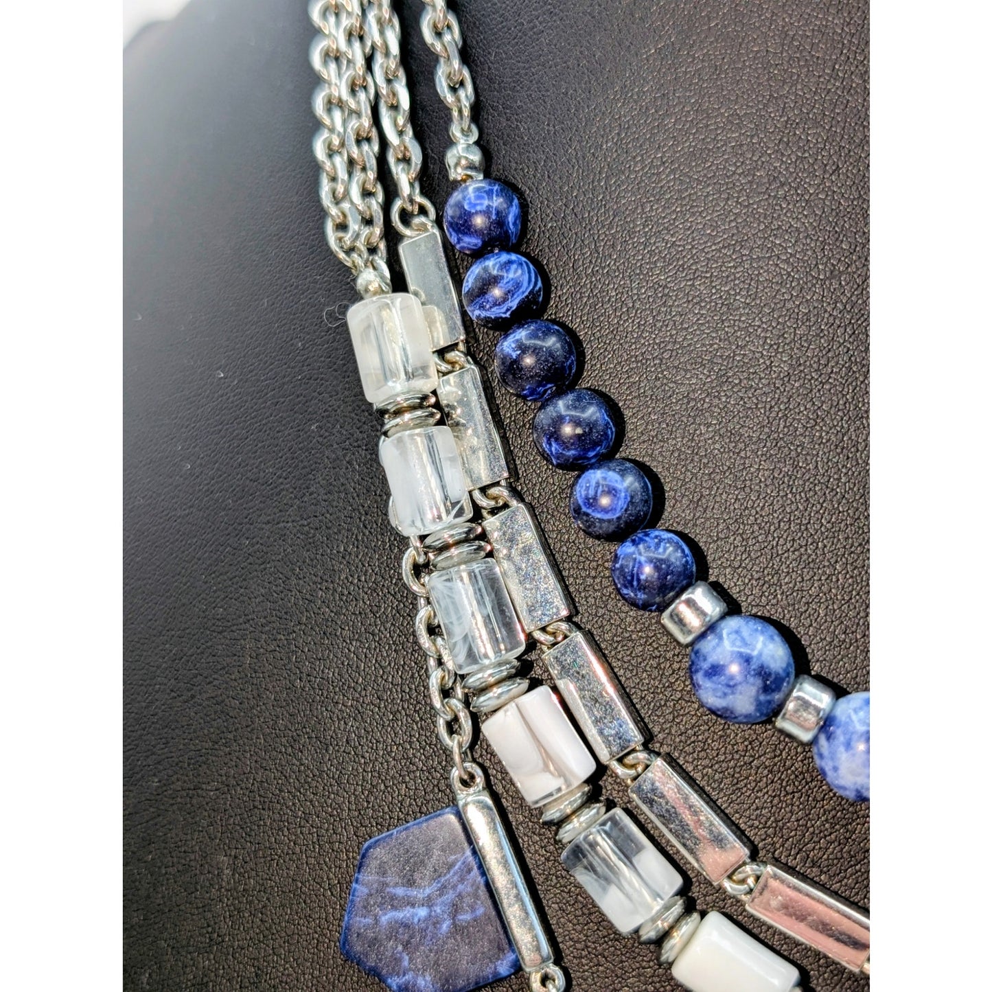 White House Black Market Four Strand Blue Silver Tone Beaded Stone Necklace