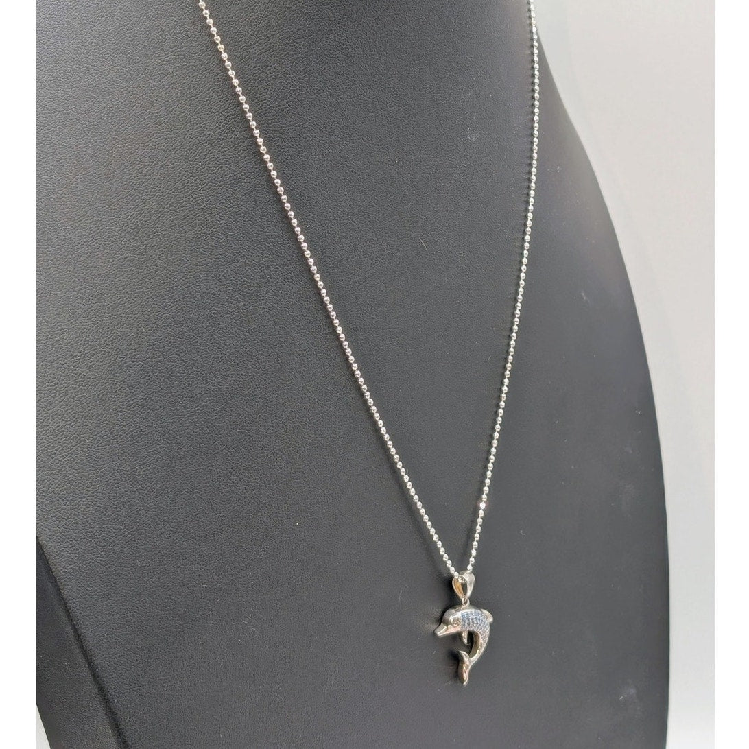 925 Sterling Silver Blue Spinel Pave Dolphin Pendant Bead Ball 22"Chain Necklace