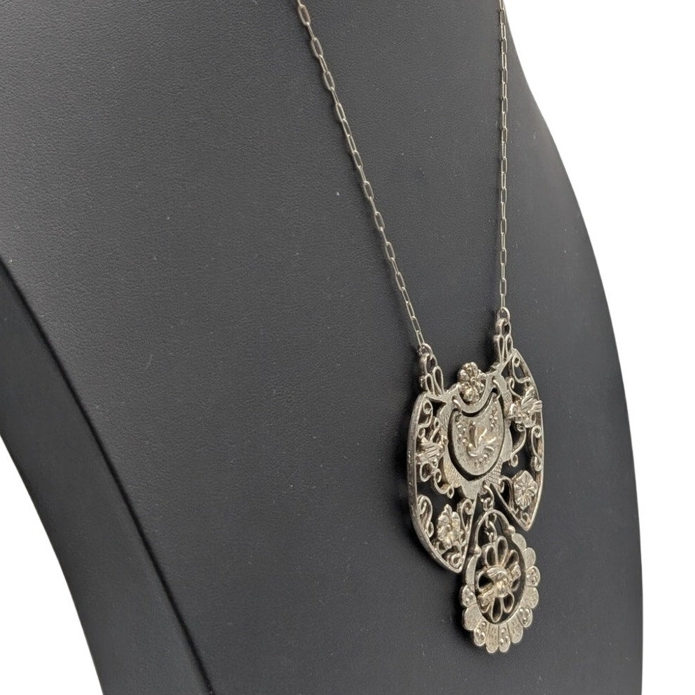 Vtg/Antique Silvertone Large Dangle Bird Floral Marcasite Pendant Chain Necklace