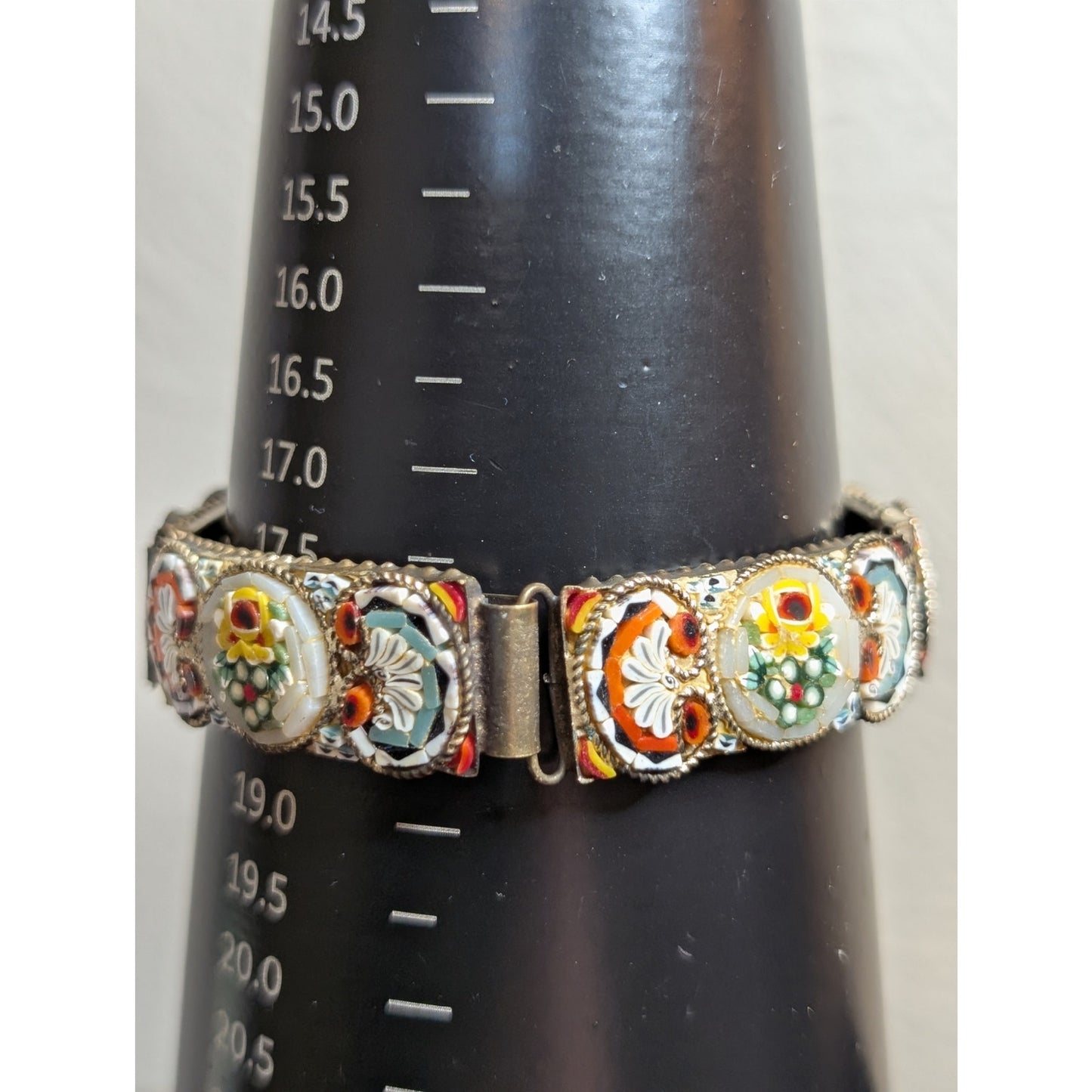 7.5" Antique Italian Micro Mosaic Multi Color Floral Link Hook Clasp Bracelet