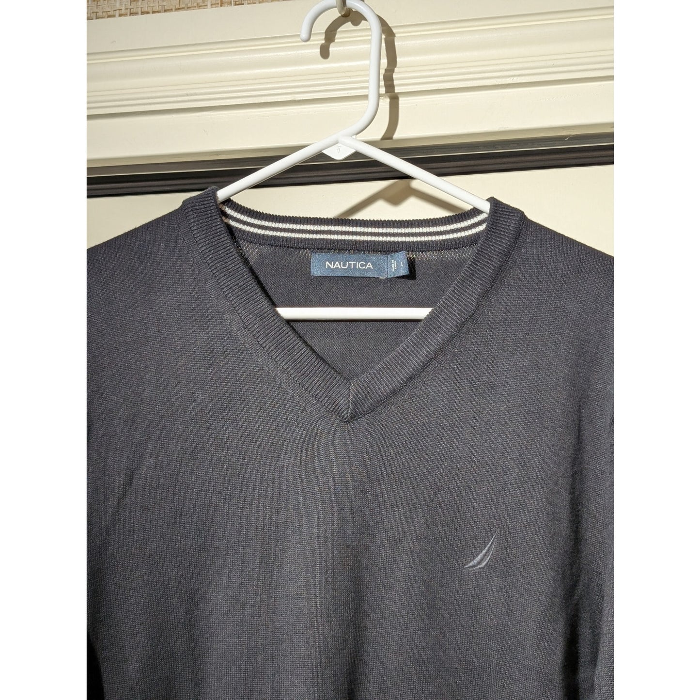 Nautica Black Cotton Viscose V-Neck Ribbed Hem Cuff Long Sleeve Sweater Mens L
