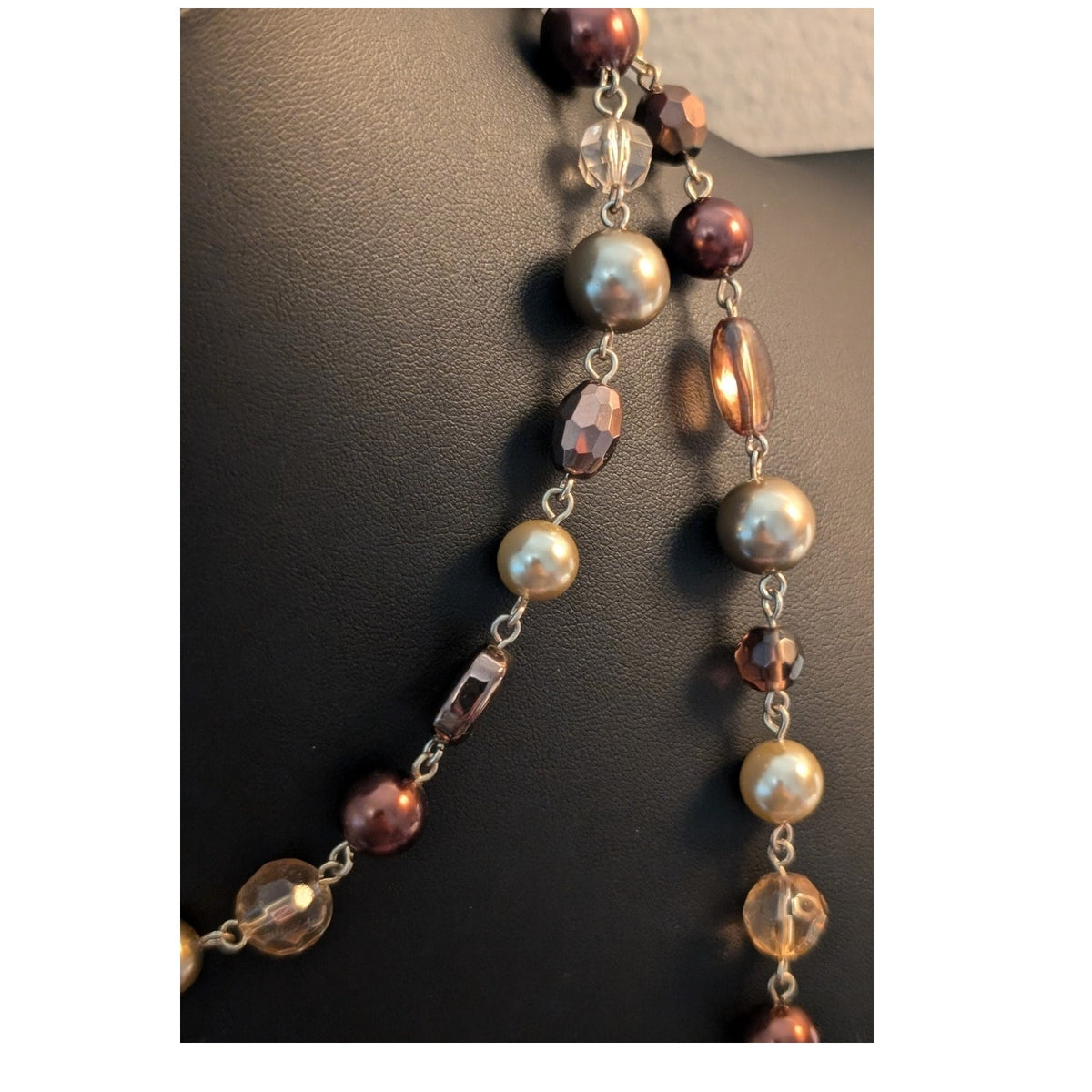 VTG Amber Champagne Cognac Bronze Peach Color Glass Crystal Faux Pearl Necklace