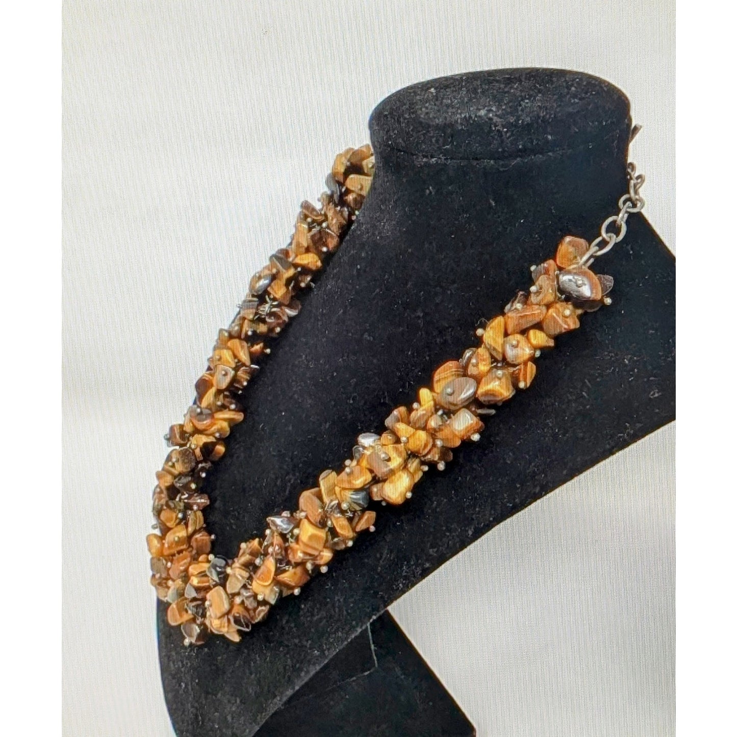 Tiger's Eye Chip Cluster 925 Sterling Silver Toggle Clasp Necklace