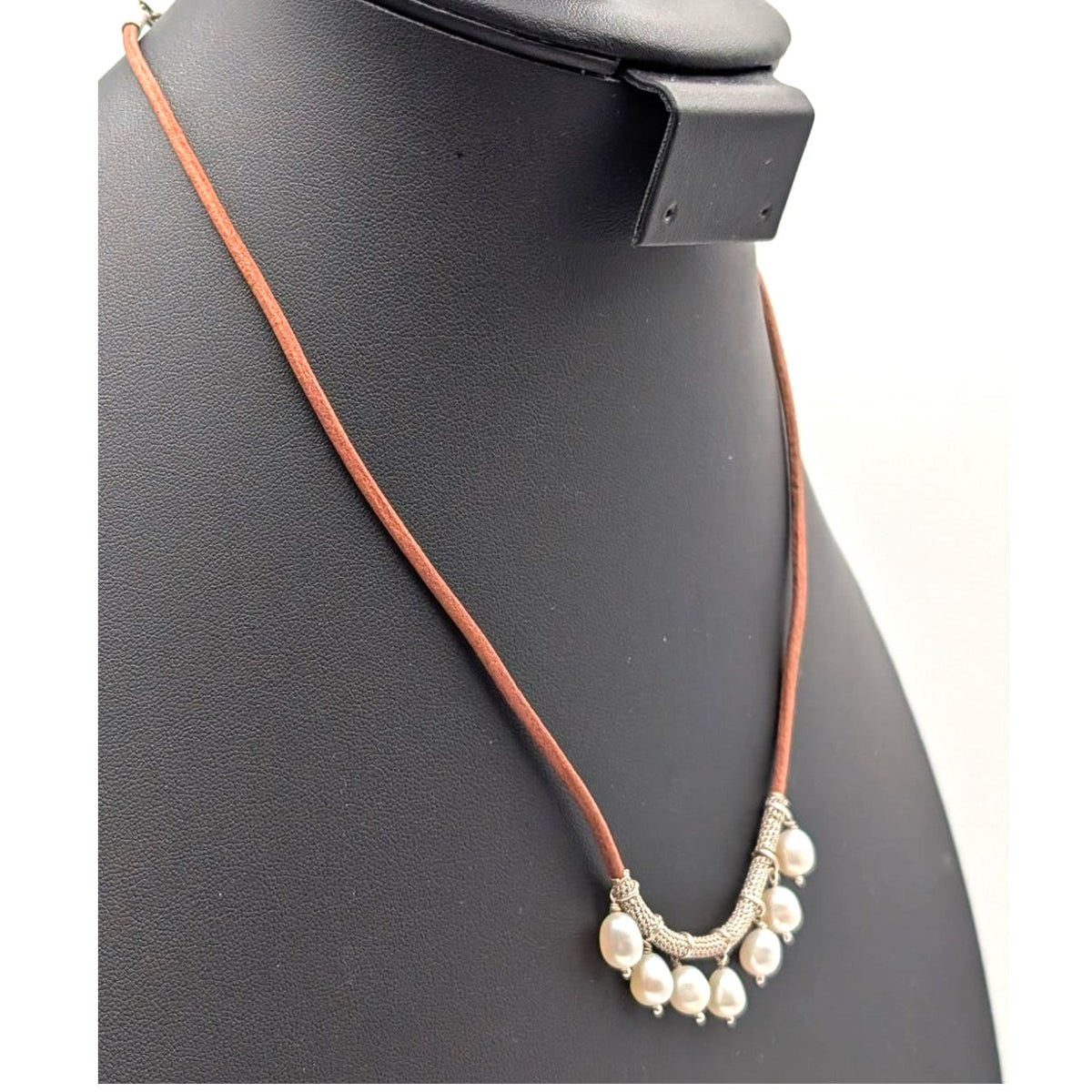 Retired SILPADA 925 Sterling Dangling Pearls on Leather Cord 17"-19" Necklace