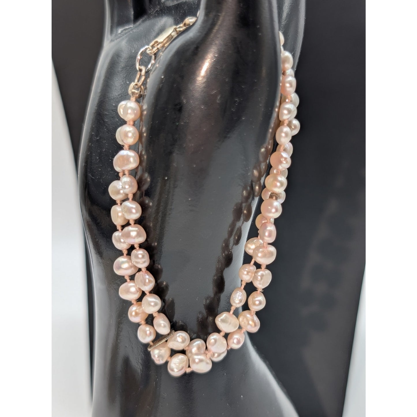 Pink Freshwater Pearl Double Strand Knotted Sterling Silver Clasp 8.25" Bracelet