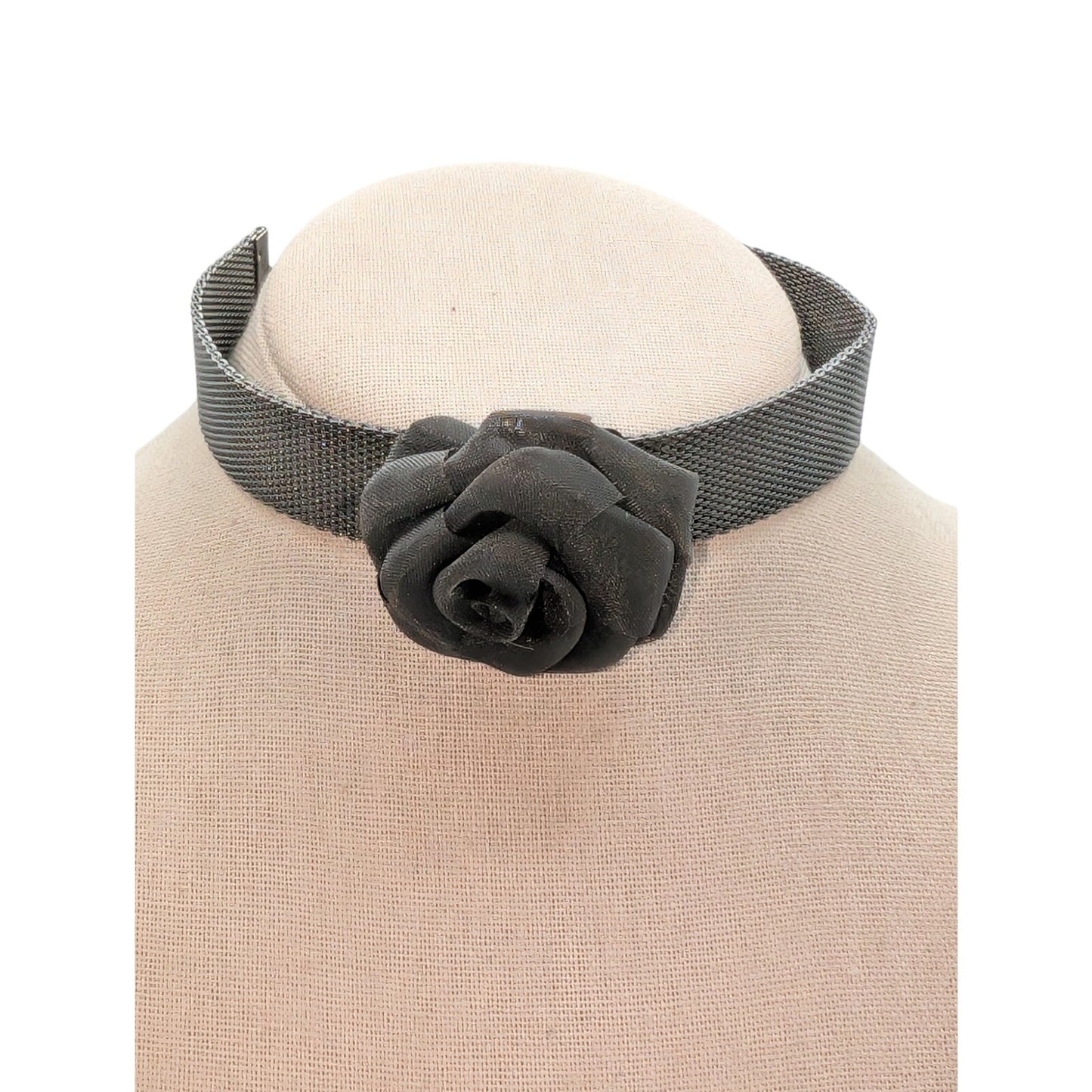 Gun Metal Mesh Metal Rose Choker 12"-17" Necklace