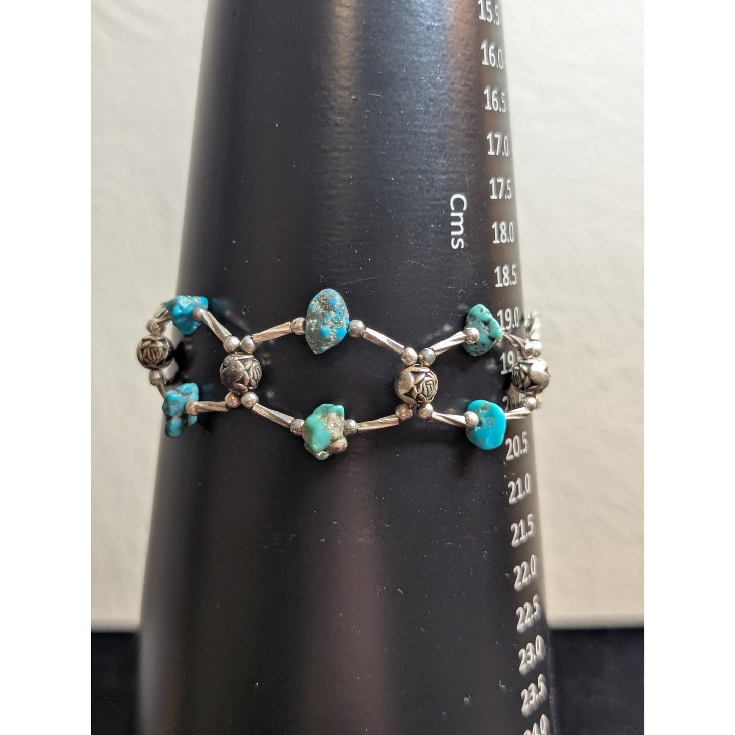 Vintage 70s Twisted Liquid Silver Turquoise Bead Barrel Clasp Bracelet