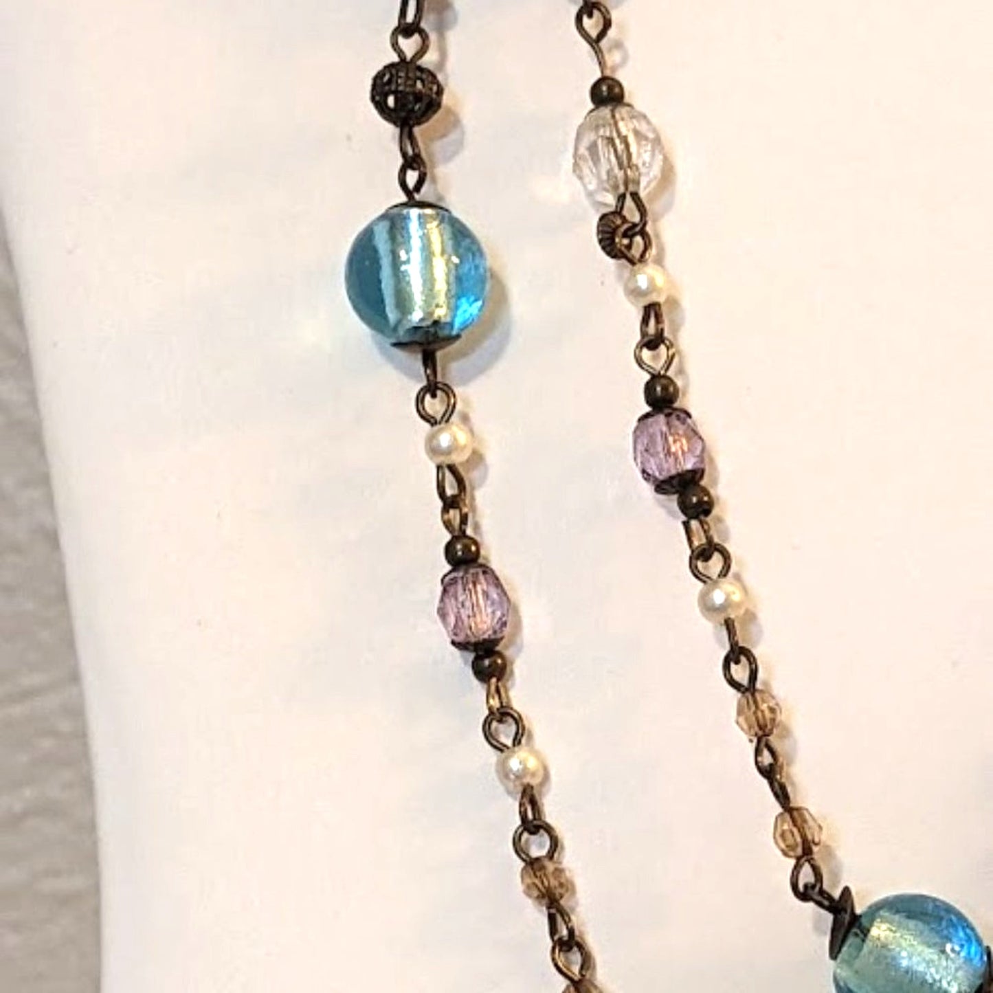 Boho Antiqued Bronze Glass Filigree Metal & Faux Pearl Bead Chain 42" Necklace