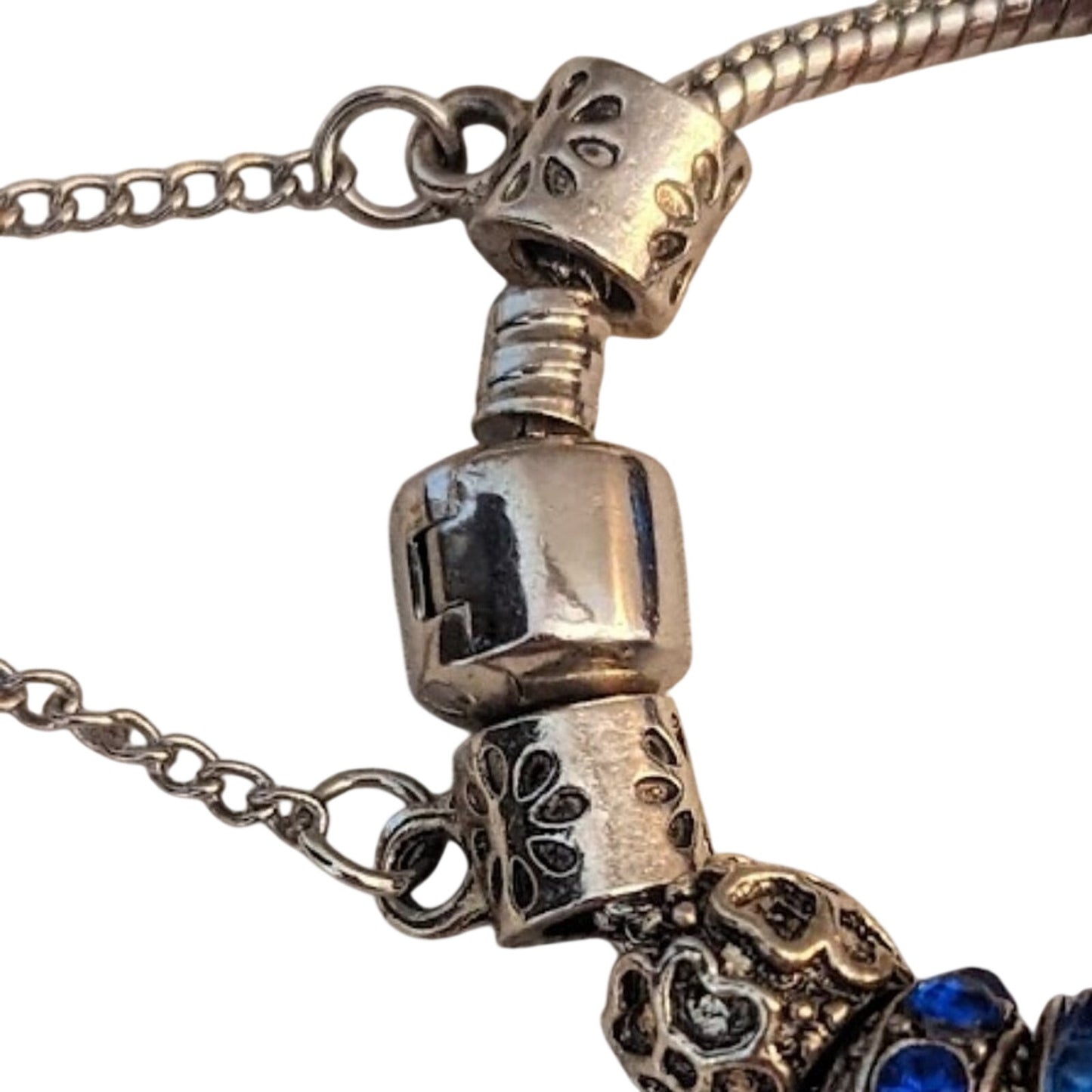 Charm Bracelet With Blue Crystal Beads in Silver Tone Metal with Safety Chain