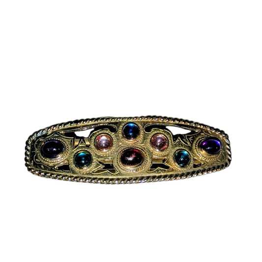 Vintage Antiqued Gold Tone Multi-Color Cabochon Cut Out Hair Barrette