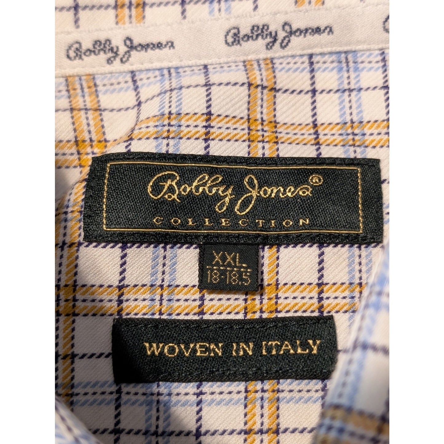 Bobby Jones Collection Woven in Italy Tan Blue Plaid Button Down Shirt Sz XXL