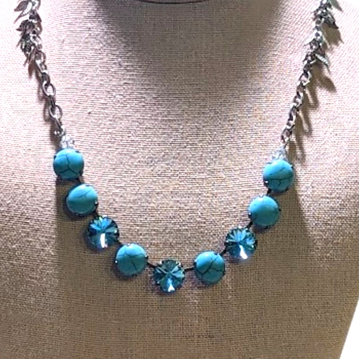 Turquoise Color Howlite with Aqua Crystals on Silver Tone Necklace